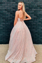 Impresionante vestido de fiesta largo de corte A con lentejuelas rosas