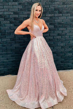 Impresionante vestido de fiesta largo de corte A con lentejuelas rosas