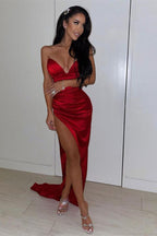 Impresionante vestido de noche de sirena de satén sexy con abertura lateral