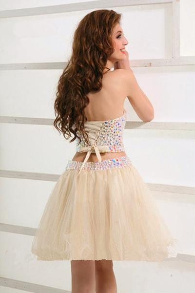 Atemberaubendes zweiteiliges, kurzes, perlenbesetztes Tüll-Heimkehr-/Partykleid PD119