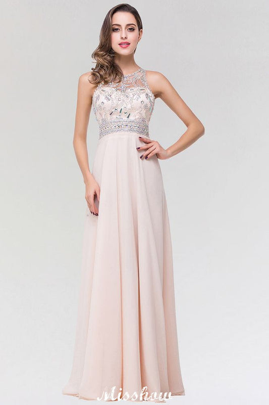 Stilvolles A-Linien-Brautjungfernkleid aus Chiffon und Tüll mit U-Ausschnitt, ärmellos, bodenlang und mit Perlenbesatz
