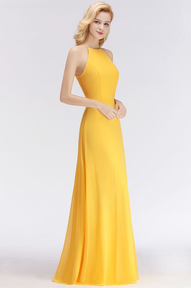 Elegantes vestidos de dama de honor amarillos de corte A, sin mangas, hasta el suelo y con cuello halter