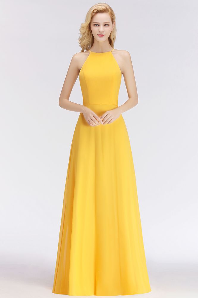 Elegantes vestidos de dama de honor amarillos de corte A, sin mangas, hasta el suelo y con cuello halter