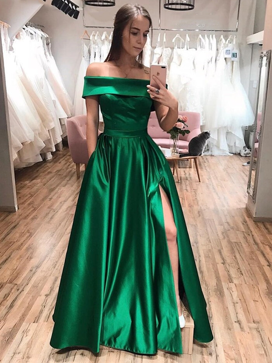 Stilvolles, schulterfreies, langes, formelles Ballkleid aus Satin in A-Linie mit Seitenschlitz