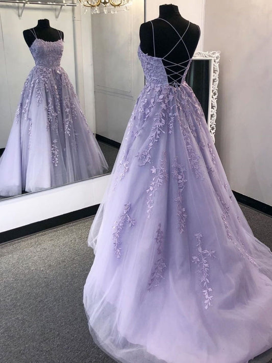 Stilvolles A-Linie Spaghettiträger Rückenfreies Tüll Spitze Langes formelles Ballkleid