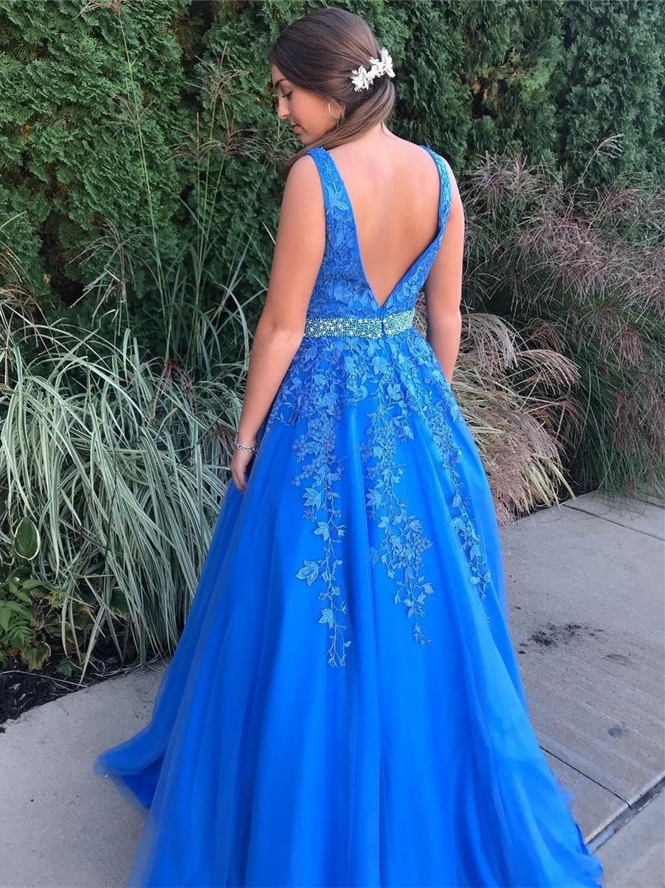 Stilvolles A-Linien-Ballkleid mit V-Ausschnitt und rückenfreiem Tüll und Spitze, langes Ballkleid mit Gürtel