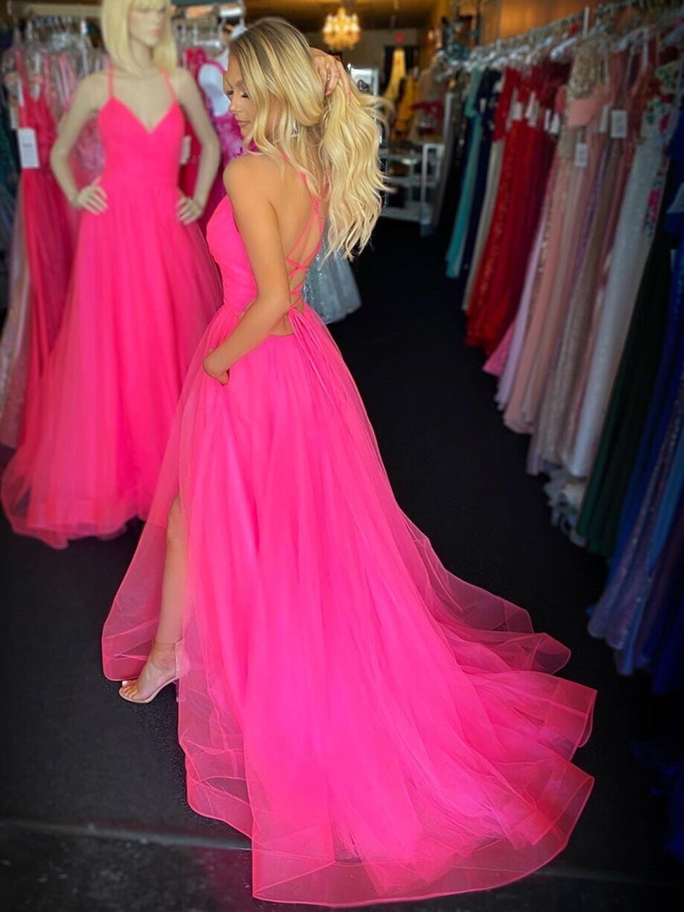 Stylish A-line V Neck Backless Tulle Long Prom Dresses with Leg Slit