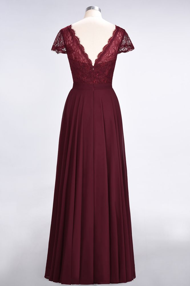 Elegante vestido de dama de honor con escote en V, mangas cortas y largo hasta el suelo