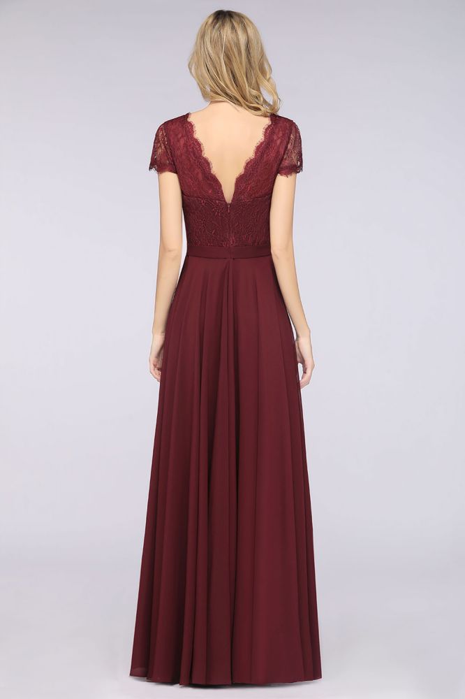Elegante vestido de dama de honor con escote en V, mangas cortas y largo hasta el suelo