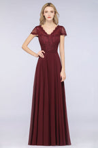 Elegante vestido de dama de honor con escote en V, mangas cortas y largo hasta el suelo