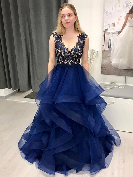Stilvolles A-Linien-Abendkleid mit V-Ausschnitt, Spitze, flauschigem Tüll und langem Ballkleid
