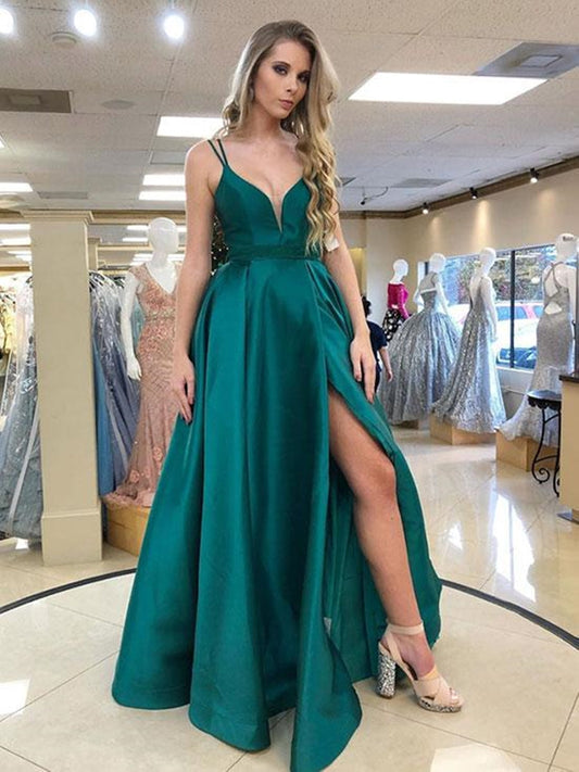 Stilvolles langes Ballkleid aus Satin in A-Linie mit V-Ausschnitt und hohem Schlitz