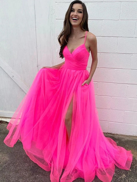 Stilvolles langes Ballkleid in A-Linie mit V-Ausschnitt, Tüll, Schlitz vorne und Taschen