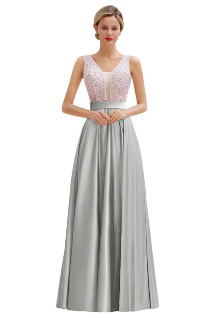 Stilvolles rückenfreies bodenlanges Abendkleid aus Satin mit V-Ausschnitt