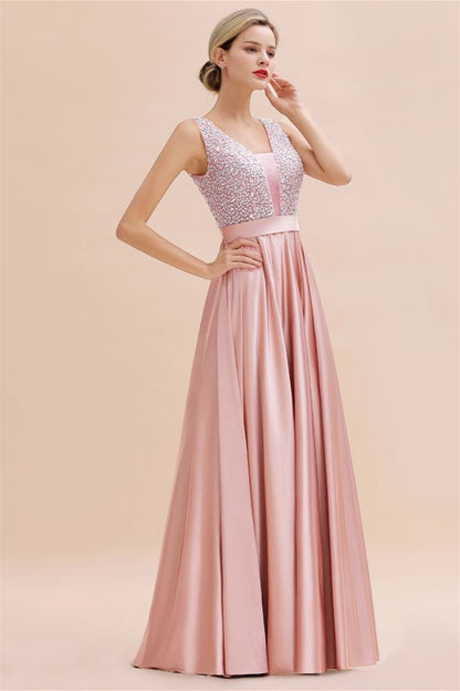 Stilvolles rückenfreies bodenlanges Abendkleid aus Satin mit V-Ausschnitt