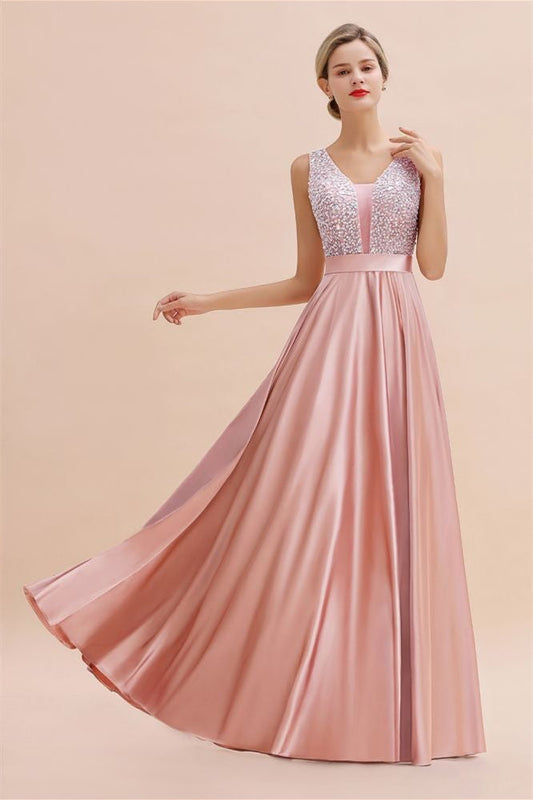 Stilvolles rückenfreies bodenlanges Abendkleid aus Satin mit V-Ausschnitt