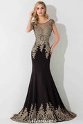 Stylish Cap Sleeve Gold Appliques Mermaid Evening Maxi Gown Sleveless Party Dress