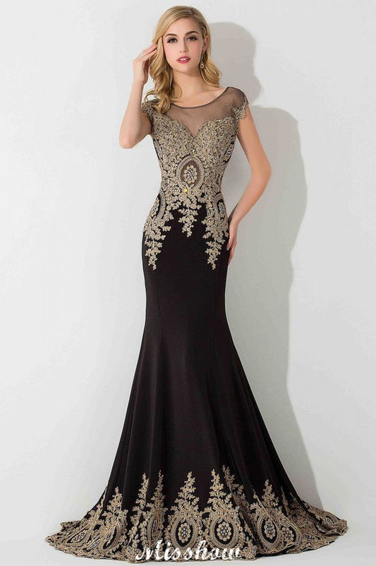 Stilvolles Maxi-Abendkleid mit Flügelärmeln und goldenen Applikationen im Meerjungfrauen-Stil, ärmelloses Partykleid