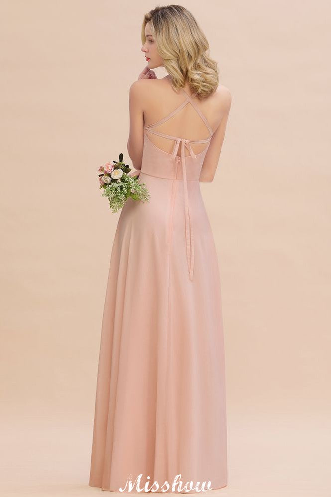 Vestido de dama de honor elegante de gasa con tirantes, sin mangas, largo hasta el suelo, corte A y volantes