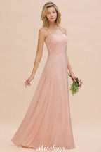 Vestido de dama de honor elegante de gasa con tirantes, sin mangas, largo hasta el suelo, corte A y volantes