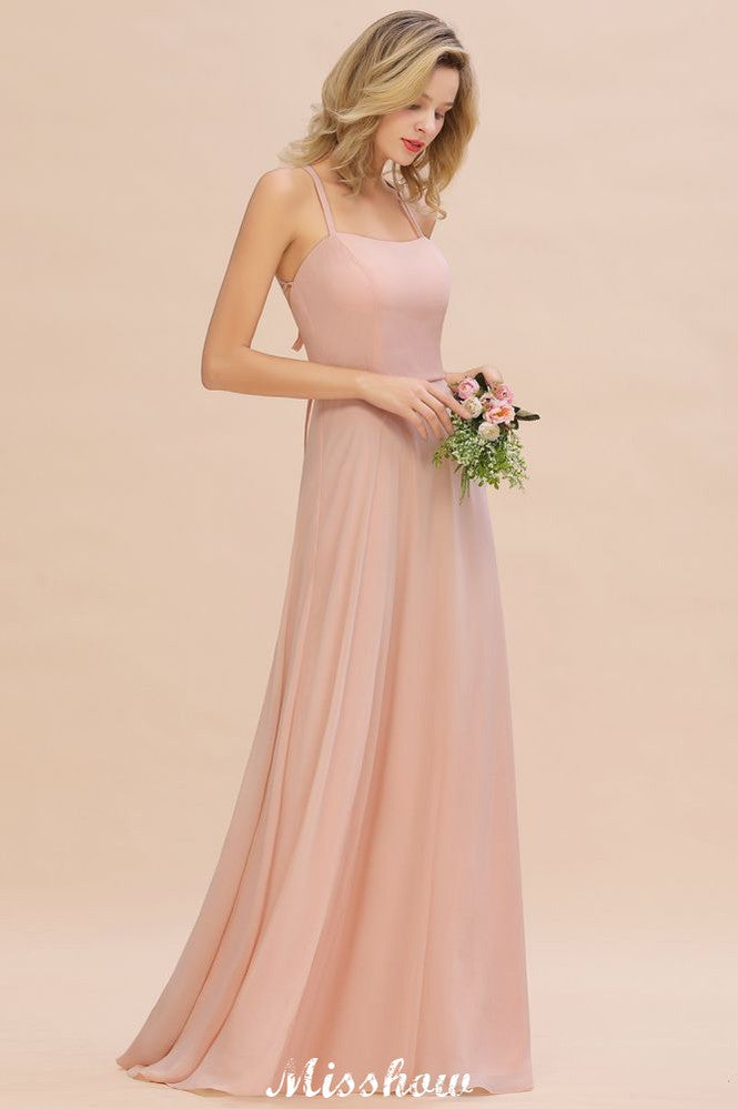 Vestido de dama de honor elegante de gasa con tirantes, sin mangas, largo hasta el suelo, corte A y volantes