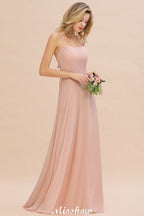 Vestido de dama de honor elegante de gasa con tirantes, sin mangas, largo hasta el suelo, corte A y volantes