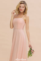 Vestido de dama de honor elegante de gasa con tirantes, sin mangas, largo hasta el suelo, corte A y volantes