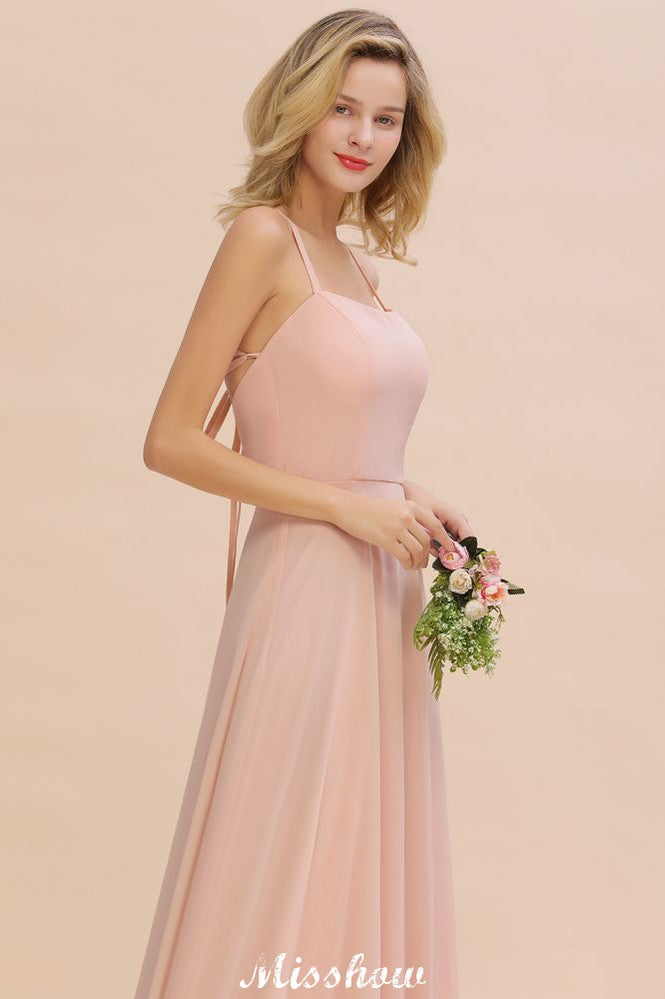 Vestido de dama de honor elegante de gasa con tirantes, sin mangas, largo hasta el suelo, corte A y volantes