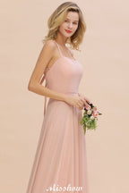Vestido de dama de honor elegante de gasa con tirantes, sin mangas, largo hasta el suelo, corte A y volantes