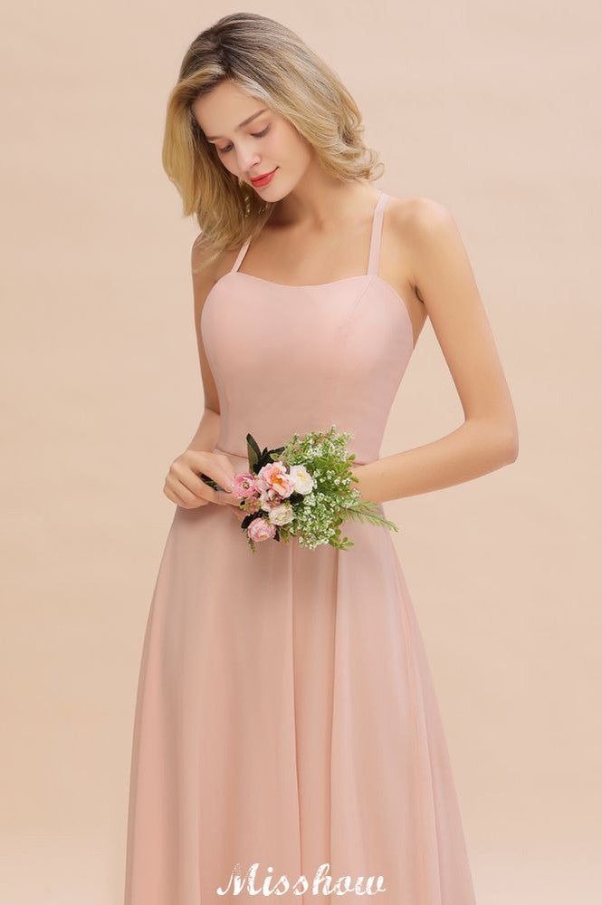 Vestido de dama de honor elegante de gasa con tirantes, sin mangas, largo hasta el suelo, corte A y volantes
