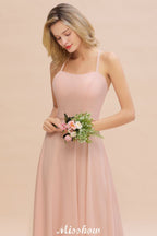 Vestido de dama de honor elegante de gasa con tirantes, sin mangas, largo hasta el suelo, corte A y volantes