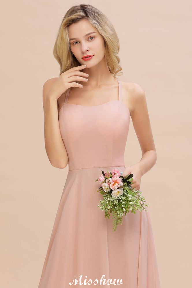 Vestido de dama de honor elegante de gasa con tirantes, sin mangas, largo hasta el suelo, corte A y volantes