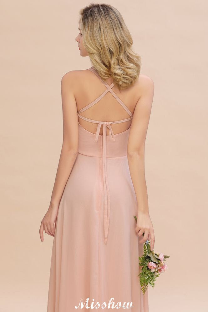 Vestido de dama de honor elegante de gasa con tirantes, sin mangas, largo hasta el suelo, corte A y volantes