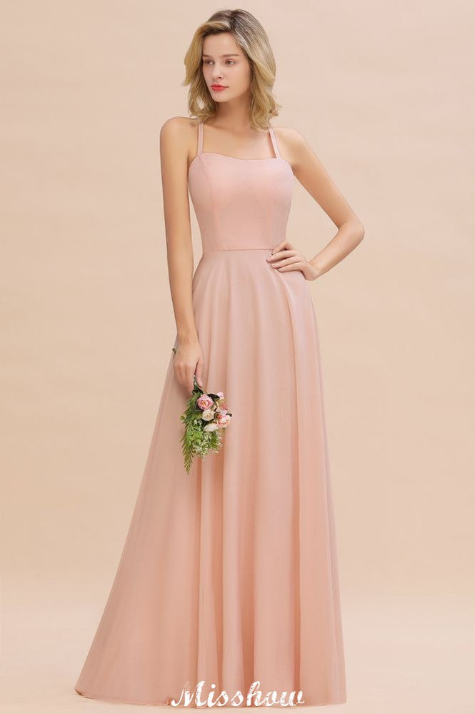Vestido de dama de honor elegante de gasa con tirantes, sin mangas, largo hasta el suelo, corte A y volantes