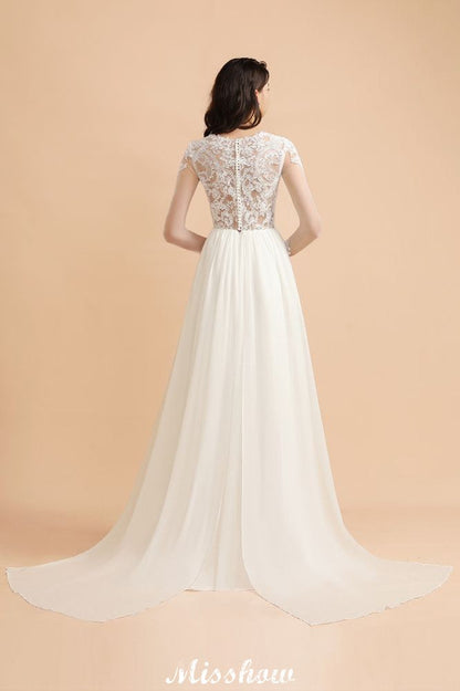 Stilvolles Rundhals-Spitzenapplikationen-Brautkleid Langarm-Chiffon-einfaches Brautkleid