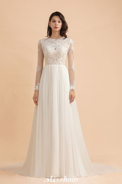 Stilvolles Rundhals-Spitzenapplikationen-Brautkleid Langarm-Chiffon-einfaches Brautkleid