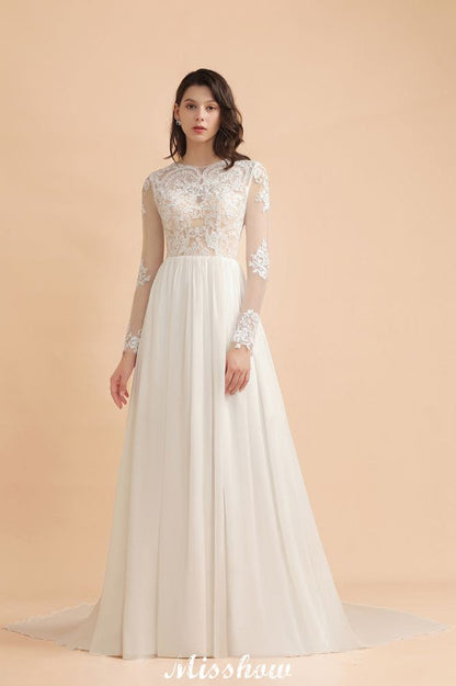 Stilvolles Rundhals-Spitzenapplikationen-Brautkleid Langarm-Chiffon-einfaches Brautkleid