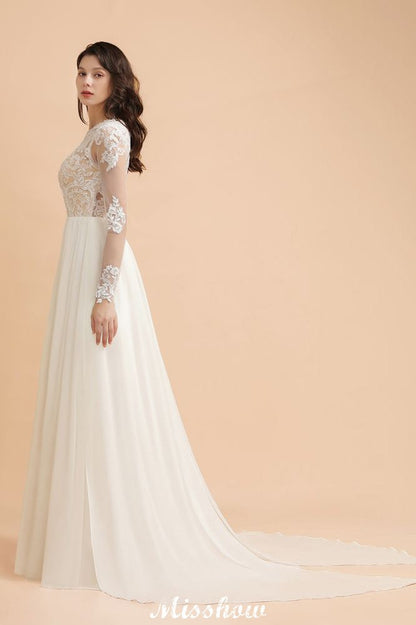 Stilvolles Rundhals-Spitzenapplikationen-Brautkleid Langarm-Chiffon-einfaches Brautkleid