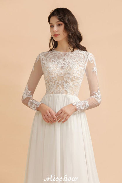 Stilvolles Rundhals-Spitzenapplikationen-Brautkleid Langarm-Chiffon-einfaches Brautkleid