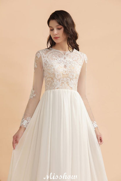 Stilvolles Rundhals-Spitzenapplikationen-Brautkleid Langarm-Chiffon-einfaches Brautkleid