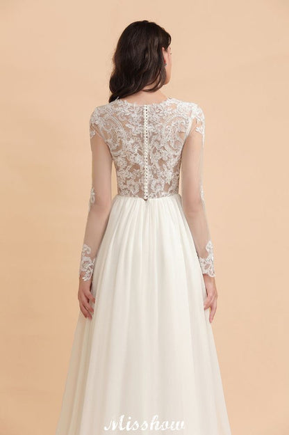 Stilvolles Rundhals-Spitzenapplikationen-Brautkleid Langarm-Chiffon-einfaches Brautkleid
