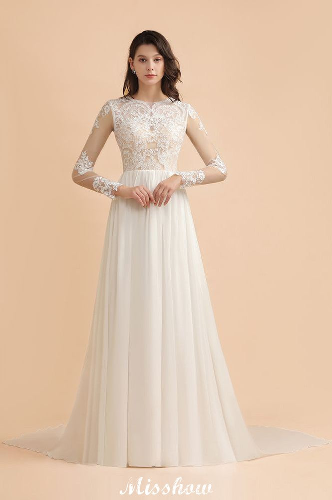 Stilvolles Rundhals-Spitzenapplikationen-Brautkleid Langarm-Chiffon-einfaches Brautkleid