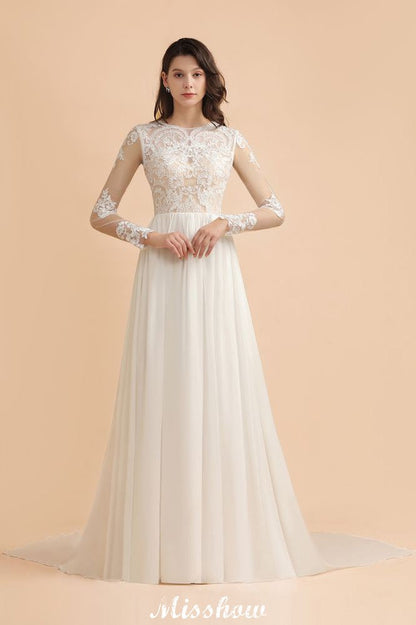 Stilvolles Rundhals-Spitzenapplikationen-Brautkleid Langarm-Chiffon-einfaches Brautkleid
