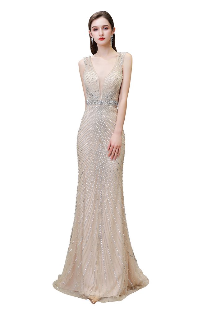 Stilvolles, tiefes, ärmelloses, mit Perlen verziertes, silbernes, schmales Meerjungfrau-Partykleid