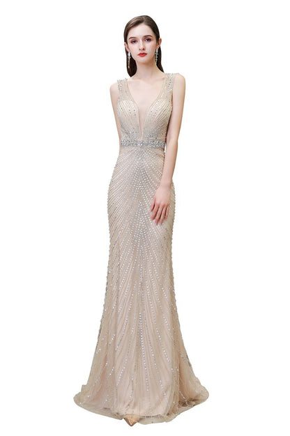 Stilvolles, tiefes, ärmelloses, mit Perlen verziertes, silbernes, schmales Meerjungfrau-Partykleid