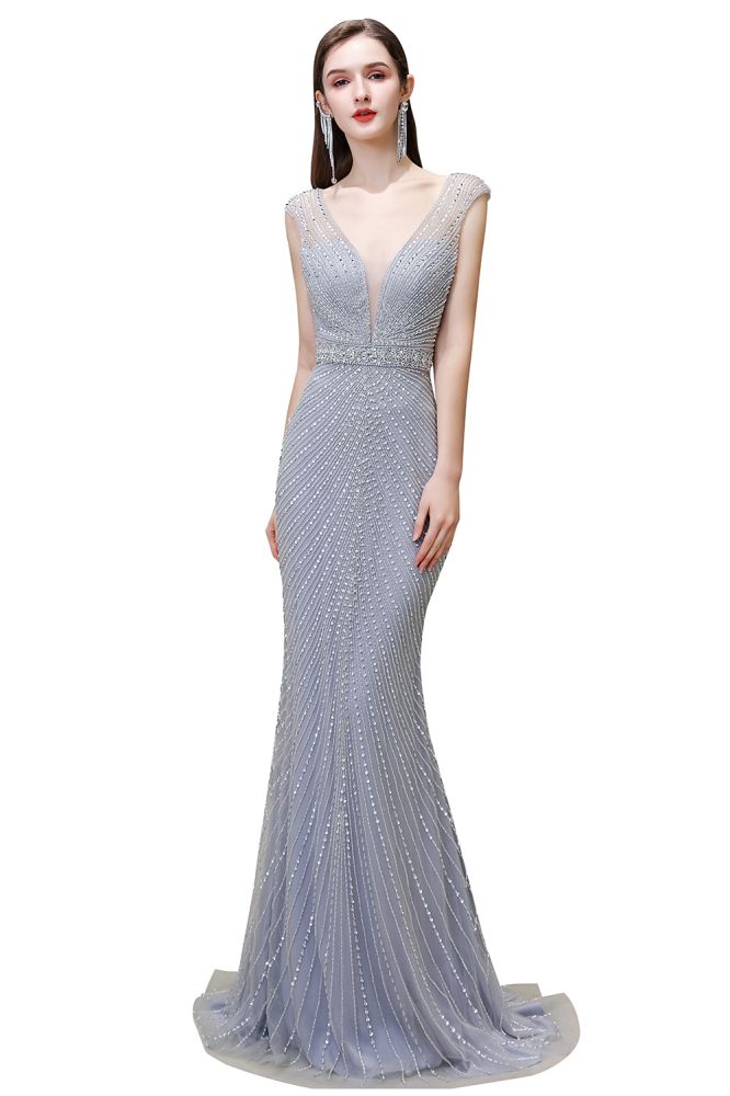 Stilvolles, tiefes, ärmelloses, mit Perlen verziertes, silbernes, schmales Meerjungfrau-Partykleid
