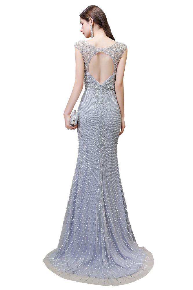 Stilvolles, tiefes, ärmelloses, mit Perlen verziertes, silbernes, schmales Meerjungfrau-Partykleid