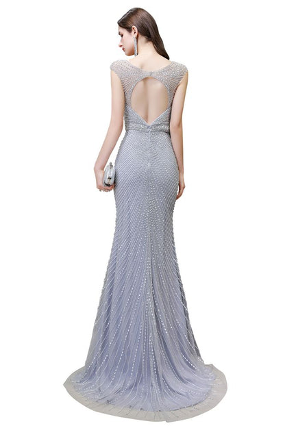 Stilvolles, tiefes, ärmelloses, mit Perlen verziertes, silbernes, schmales Meerjungfrau-Partykleid