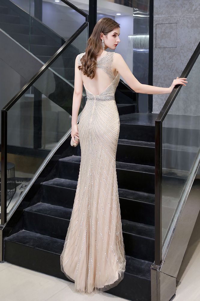 Stilvolles, tiefes, ärmelloses, mit Perlen verziertes, silbernes, schmales Meerjungfrau-Partykleid