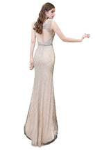 Stilvolles, tiefes, ärmelloses, mit Perlen verziertes, silbernes, schmales Meerjungfrau-Partykleid